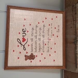 Vintage Framed Love Cross-Stitch Art w/Hearts, Bear, 13.75"x13.75", Bible Verse